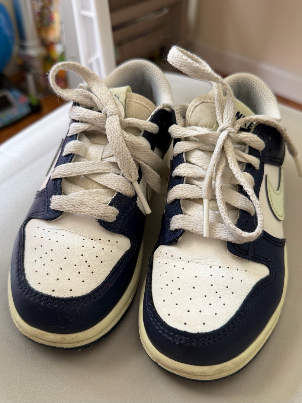 Nike Kids Low-Top Sneakers in White and Navy with Pale Green Swoosh